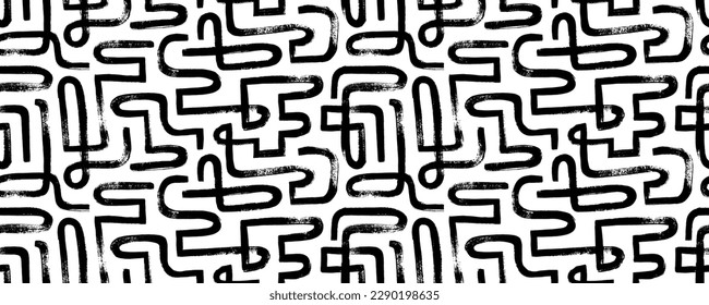 Hand drawn maze seamless pattern. Weaved curved lines. Chaotic ink brush scribbles decorative texture. Messy doodles, wavy and curly lines, labyrinth motif. Abstract geometric decorative background.