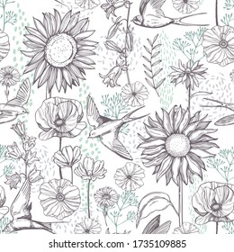 Hand drawn meadow flowers and  swallows. Vector seamless pattern
