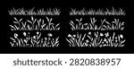 Hand drawn meadow wild flowers hand drawn crayon borders set. Freehand sketch vector illustration. Spring field grass boho background. Wheat, barley, rye spikelet. Botany pastel silhouette