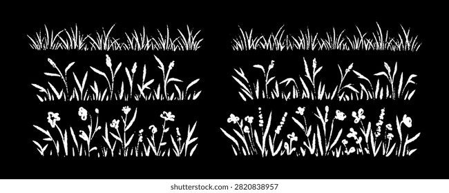 Hand drawn meadow wild flowers hand drawn crayon borders set. Freehand sketch vector illustration. Spring field grass boho background. Wheat, barley, rye spikelet. Botany pastel silhouette