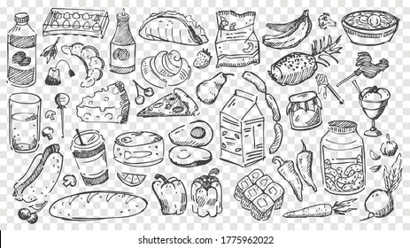Hand drawn meal doodles set  Collection pencil chalk drawing sketches different food types fruits   vegetables transparent background  Healthy nutrition   junk food illustration 