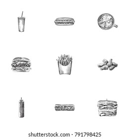 Hand Drawn Meal Sketches Set. Collection Of Fried, Potato, Cheeseburger And Other Sketch Elements.