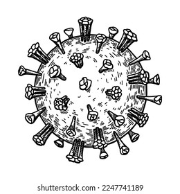 Handgezeichnetes Masernvirus einzeln auf weißem Hintergrund. Realistische detaillierte wissenschaftliche Vektorgrafik auf Skizzenstiel