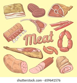 Hand Drawn Meat Doodle with Pork, Sausages and Ham.  Gastronomic Food Products. Vector illustration