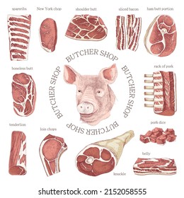 Hand drawn meat elements set. Butcher shop logo. 