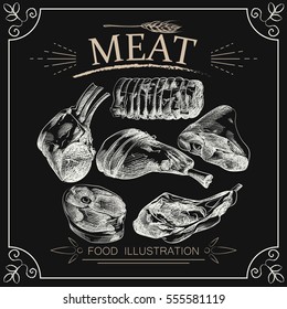 Hand drawn meat elements set isolated on chalkboard. meat steak, ribs, leg sketch vector illustrator. Retro style