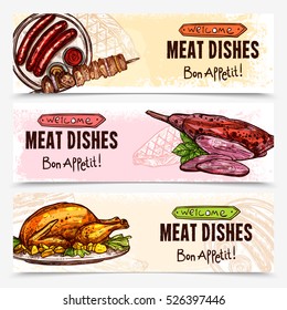 Hand drawn meat horizontal banners with chicken barbecue sausages grill roast dishes vector illustration