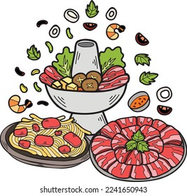 Hand Drawn meat for hot pot Chinese and Japanese food illustration isolated on background