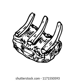 Hand drawn meat on ribs doodle. Sketch food and drink, icon. Decoration element. Isolated on white background. Vector illustration.