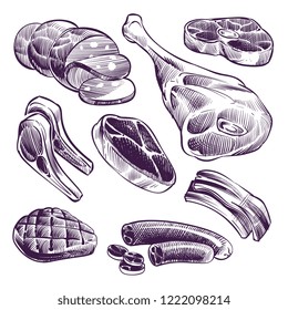 Hand Drawn Meat. Steak, Beef And Pork, Lamb Grill Meat And Sausage Vintage Sketch Vector Illustration