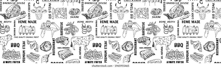 Hand drawn meat, steak, beef and pork, lamb seamless pattern. Vintage design template, banner. Vector.