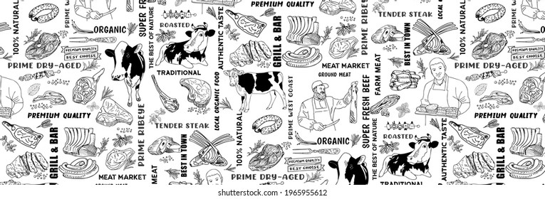 Hand drawn meat, steak, beef and pork, lamb seamless pattern. Vintage design template, banner. Vector.