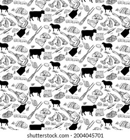 Hand drawn meat, steak, beef and pork, lamb seamless pattern. Vintage design template, banner. Vector.