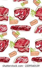 Carne dibujada a mano, filete, carne de res y cerdo, parrilla de cordero sin soldadura.Patrón vectorial.