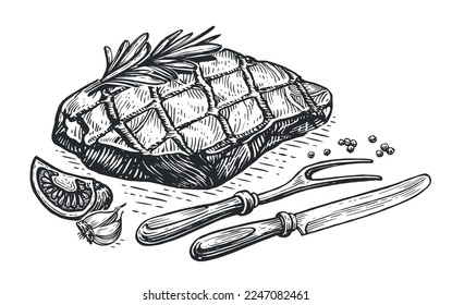 Hand drawn meat steak grilled in vintage engraving style. Roast beef, grill food, barbecue sketch. Vector illustration