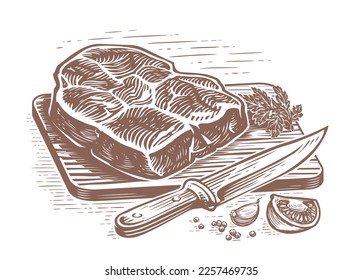 Hand drawn meat steak grilled in vintage engraving style. Roast beef, grill food, barbecue sketch vector illustration