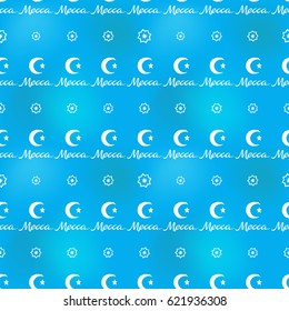 Hand drawn Mecca inscription with crescent and octagonal stars in arabic seamless pattern background. Traditional white oriental symbols on soft blue backdrop. Greeting card background for muslim.