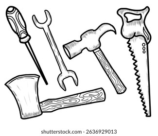 Hand drawn mechanic and carpenter equipment doodle style vector illustration. Construction tool and repair set