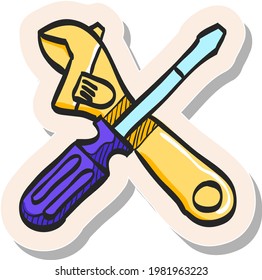 Hand drawn Mechanic tools icon in sticker style vector illustration