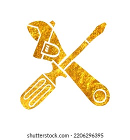 Hand drawn Mechanic tools icon in gold foil texture vector illustration