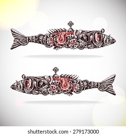 Hand- drawn mechanical fishs steampunk style for your design