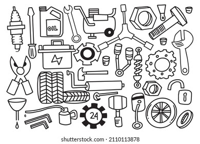 hand drawn mechanical tool doodle style design concept