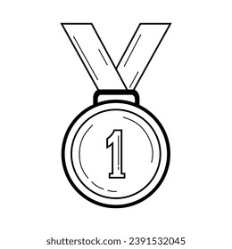 Medalla dibujada a mano con un número. Esbozo de medallas en primer lugar aislado en fondo blanco. Icono del primer lugar del garabato. Dibujo de línea blanca y negra. Recompensa por ganar. Ilustración del vector