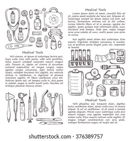 Hand drawn medical card template including equipment , medical tools and drugs. Vector hand drawn medical collection