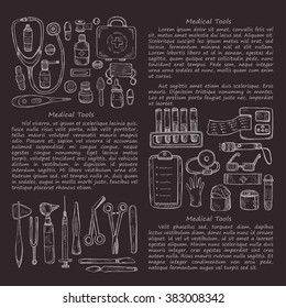 Hand drawn medical card template including equipment , medical tools and drugs. Vector hand drawn medical collection