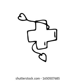 Hand Drawn Medical Cross And Two Hearts Isolated On A White Background. Medical Elements, Icons. Doodle, Simple Outline Illustration. It Can Be Used For Decoration Of Textile, Paper And Other Surfaces