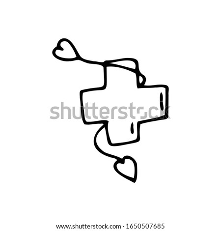 Hand drawn medical cross and two hearts isolated on a white background. Medical elements, icons. Doodle, simple outline illustration. It can be used for decoration of textile, paper and other surfaces