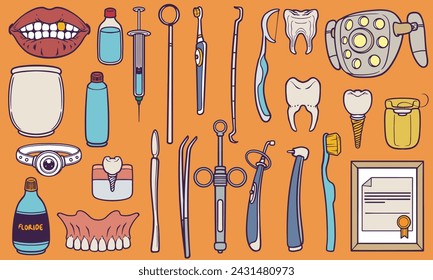 Hand drawn Medical dentist clinic tools doodle set vector. Health doctor equipment illustration.