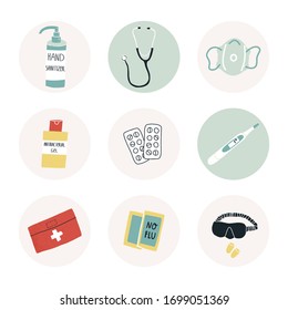 Hand drawn medical equipment and corona virus Covid-19 prevention, health care sticker, icon, highlights set. Hand antibacterial sanitizer gel, no flu med and pills, stethoscope, face mask and others.