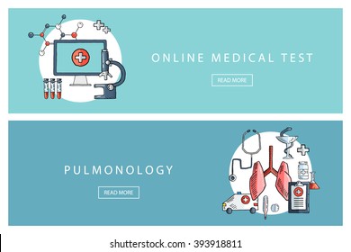 Hand Drawn Medical And Healthcare Concepts. Online Medical Test And Pulmonology. Banners For Web Design, Marketing And Promotion. Presentation Templates.