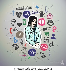 Hand drawn medical icons set and sticker with doctor. Vector