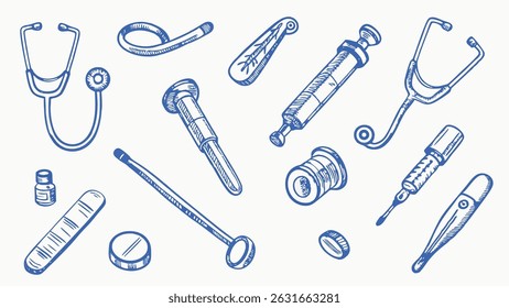 Hand drawn medical instruments set detailed illustrations of scalpels forceps syringes and other healthcare tools perfect for medical websites brochures or educational materials