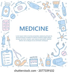 Hand drawn medical and pharmacy banner template with cartoon medical elements, stethoscope, thermometer, medicines. Doodle sketch style. Illustration for banner, flyer, frame design template.