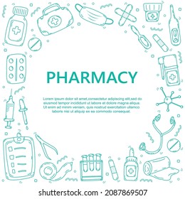 Hand drawn medical and pharmacy banner template with cartoon medical elements, stethoscope, thermometer, medicines. Doodle sketch style. Illustration for banner, flyer, frame design template.