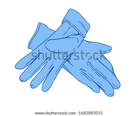 Hand drawn medical protective vector blue gloves on white background, hygiene supplies, medical surgical gloves cartoon style, medical icons quarantine virus protection