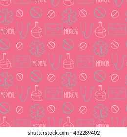 Hand drawn medical seamless pattern. Pharmacy vector background. Doodle medicine design.