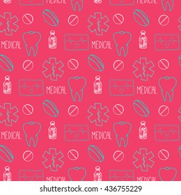 Hand drawn medical seamless pattern. Pharmacy vector background. Doodle medicine design.