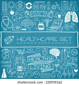 Hand Drawn Medical Set Of Icons With Medical And Science Tools, Human Organs, Diagrams Etc. Vector Illustration. 