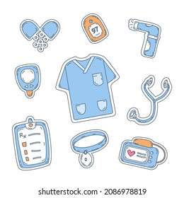 Hand drawn medical stickers pack. Stickers with: medicines, stethoscope, oximeter, tonometer, glucometer, prescription sheet. Medical education, healthcare, pharmacology. Vector illustration.