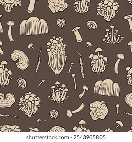 Hand drawn medicinal mushrooms. Fungus seamless pattern on brown background. Illustration of Shimeji, erinji, shitaki, cordyceps, turkey tail and lions mane. 