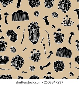 Hand drawn medicinal mushrooms seamless pattern. Illustration of Shimeji, erinji, shitaki, cordyceps, turkey tail and lions mane. Fungus wallpaper