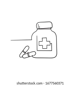 hand drawn Medicine bottle and pills. Black and white icon. Vector illustration doodle