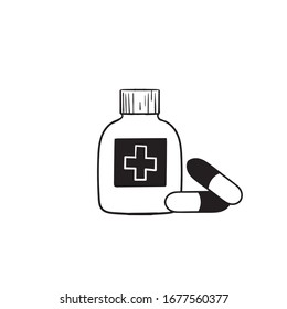 hand drawn Medicine bottle and pills. Black and white icon. Vector illustration doodle