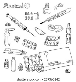 Hand drawn medicine doodle icons set. Medical and healhcare sketches collection. Vector Illustration prescription pills, drugs, syringe; thermometer; temperature; inhaler; 