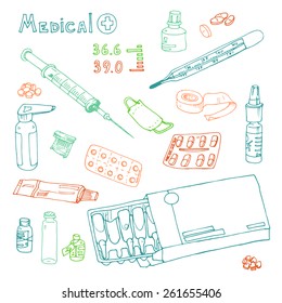 Hand drawn medicine doodle icons set. Medical and healthcare sketches collection. vector Illustration pills, drugs, syringe; thermometer; temperature; inhaler;