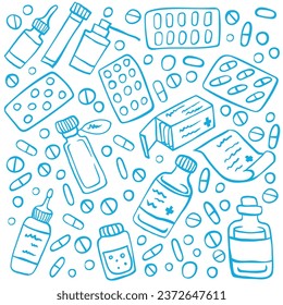 Hand drawn medicine doodle set - Medicines, medical products, tablets on a white background. Health care, pharmacy icons. Vector illustration.